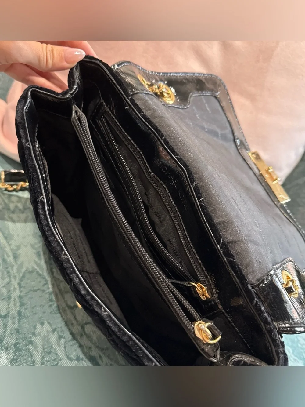 Michael Kors Black Velvet Quilted Bag with Gold Hardware